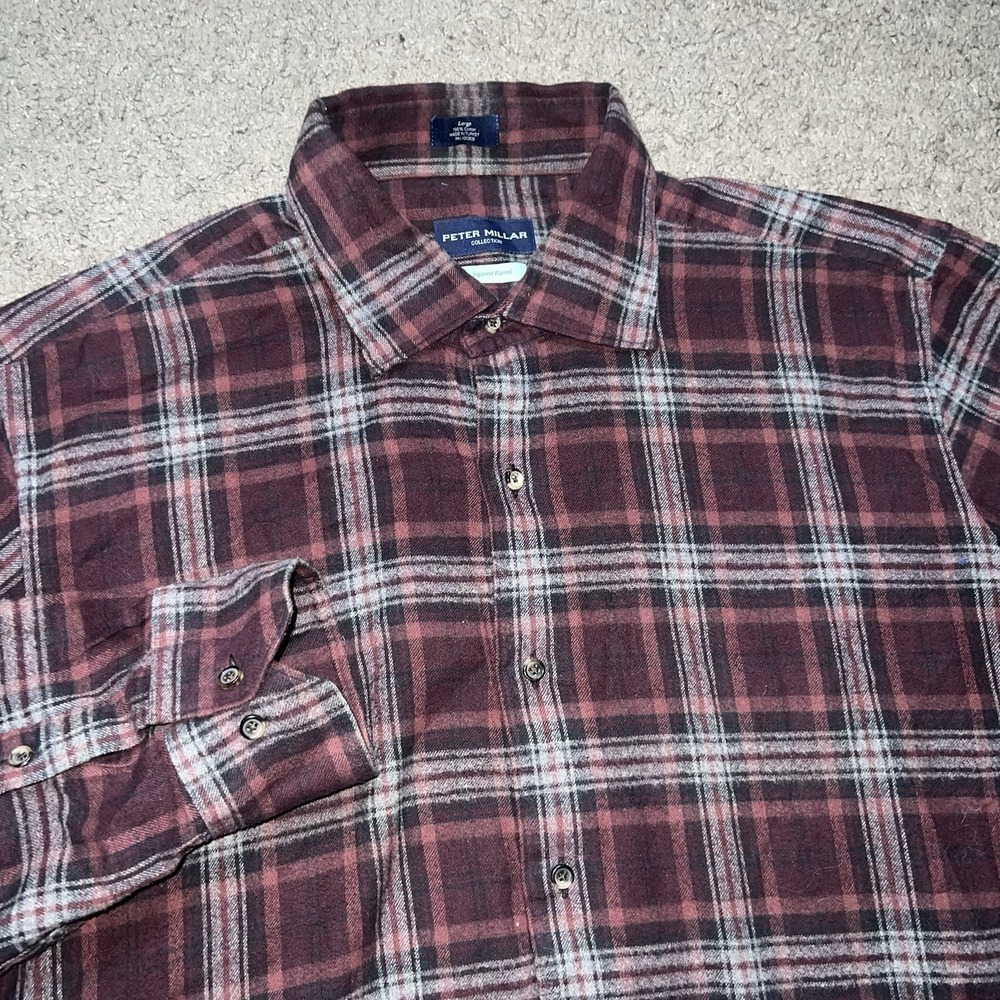 Peter Millar Crown Crafted Japanese Flannel Plaid Shirt Dark Red Blue Size L